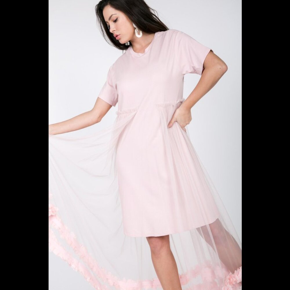 PINK TEE DRESS WITH MESH OVERLAY